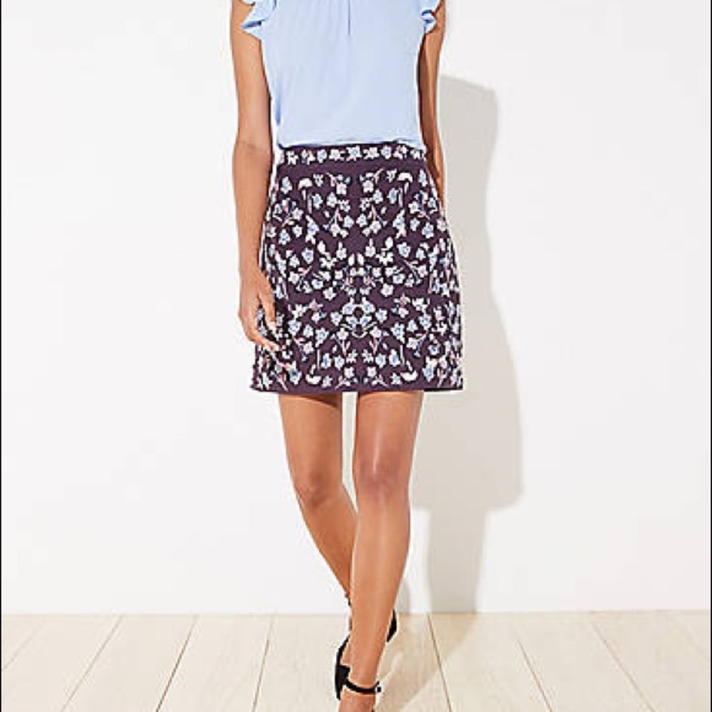 LOFT Purple Floral Embroidered Skirt